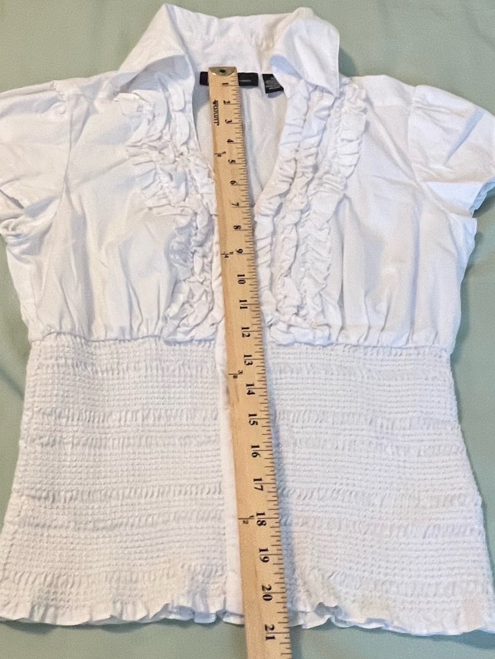 White Ruffle Zip Front Smocked Blouse Feminine Coquette Y2K Top Size 10 - Picture 5 of 6